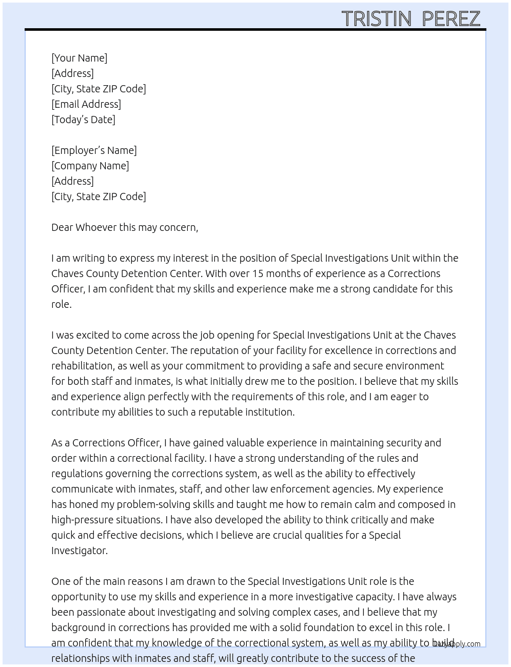 Special investigations unit At Chaves county detention center  Cover Letter