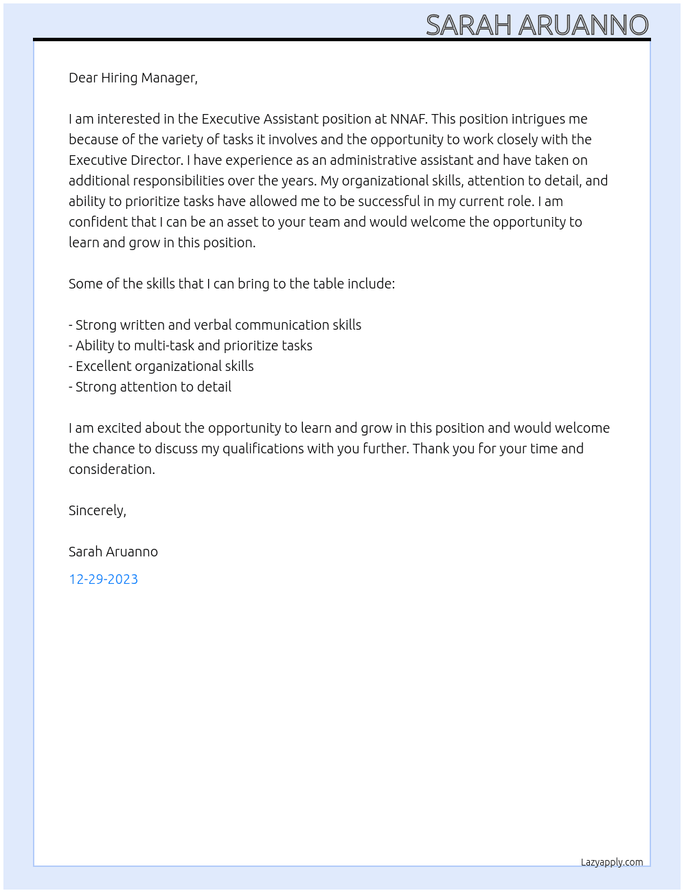 Executive Assistant At NNAF Cover Letter