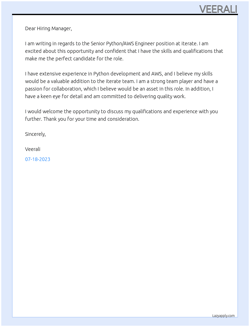 Senior Python/AWS Engineer At iterate Cover Letter
