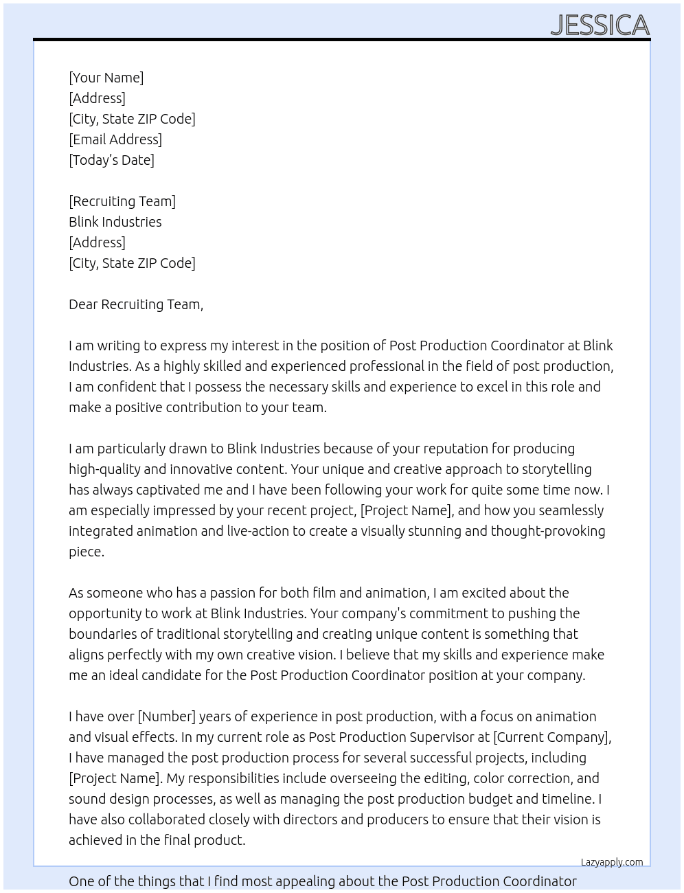 post production coordinator At blink industries Cover Letter