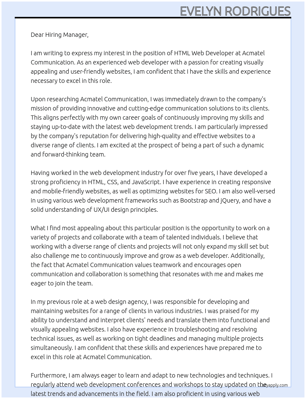 HTML Web Developer At Acmatel Communication Cover Letter
