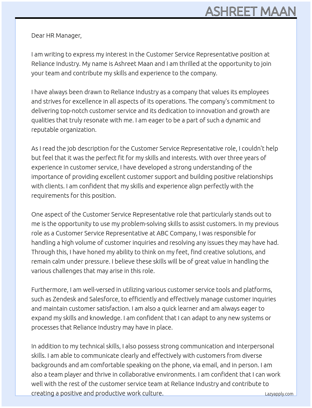 Customer service representative  At Reliance industry  Cover Letter
