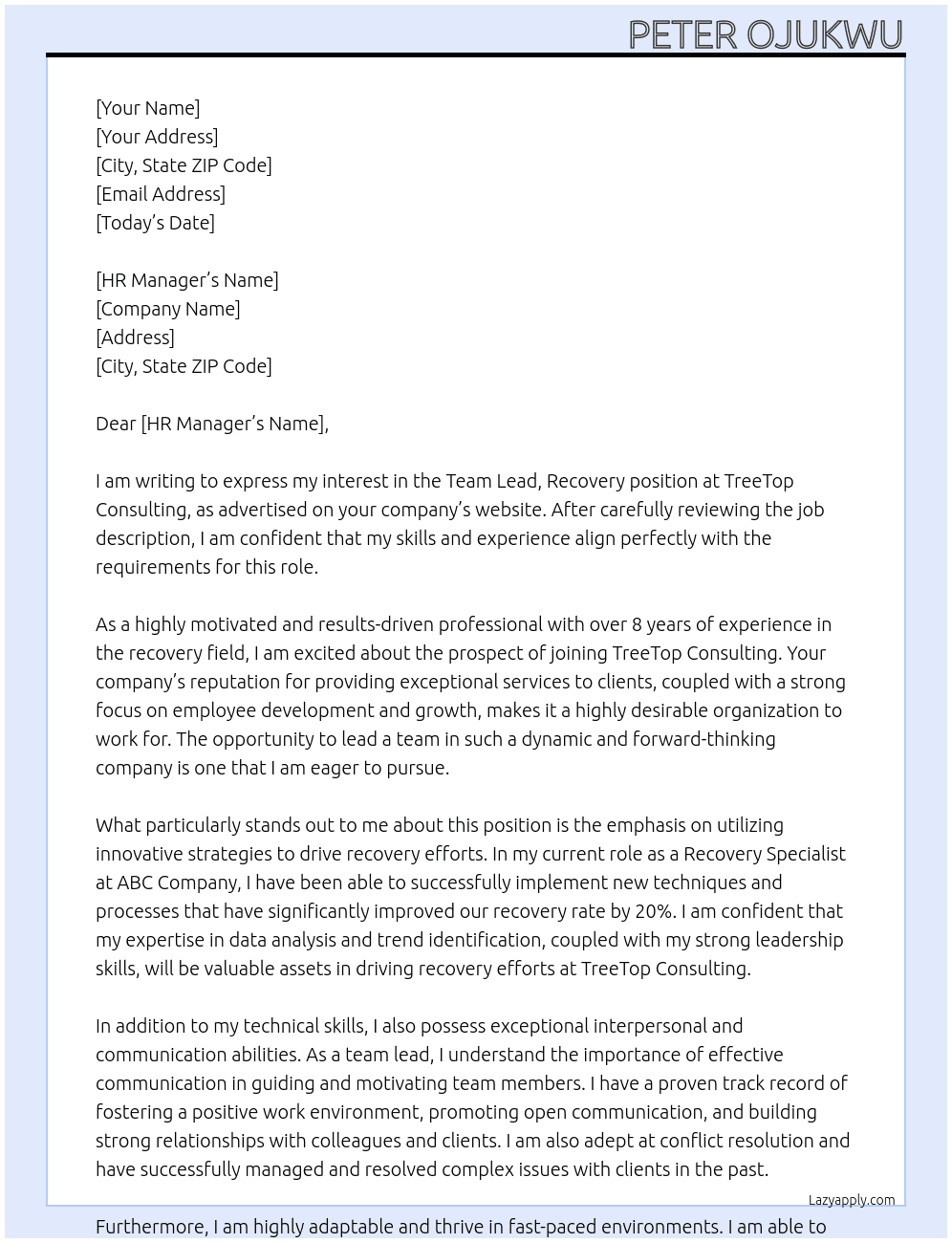 Team Lead, Recovery At TreeTop Consulting  Cover Letter