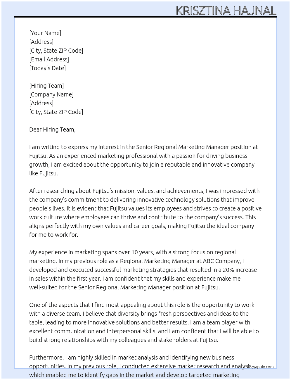 Senior regional marketing Manager At Fujitsu Cover Letter