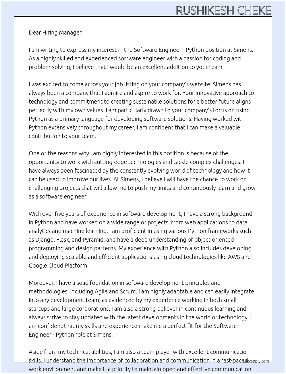Software Engineer - Python At Simens Cover Letter