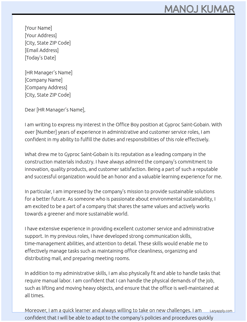 office boy At gyproc saint-gobain Cover Letter