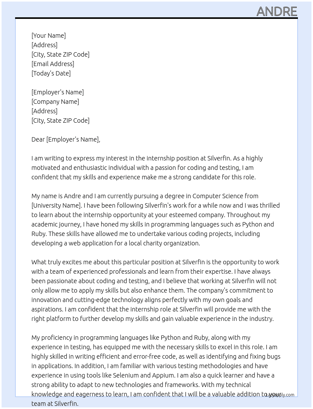 for internship At Silverfin Cover Letter