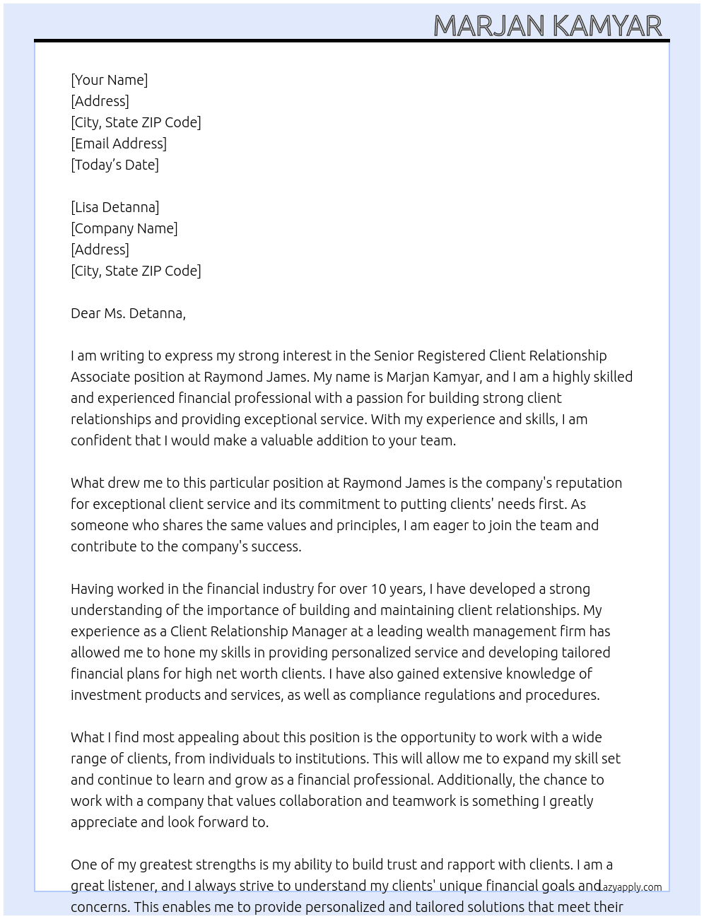 Senior Registered Client Relationship Associate At Raymond James  Cover Letter
