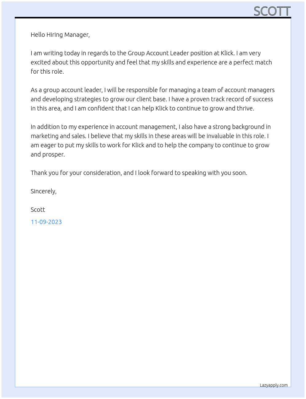 Group account leader At Klick Cover Letter
