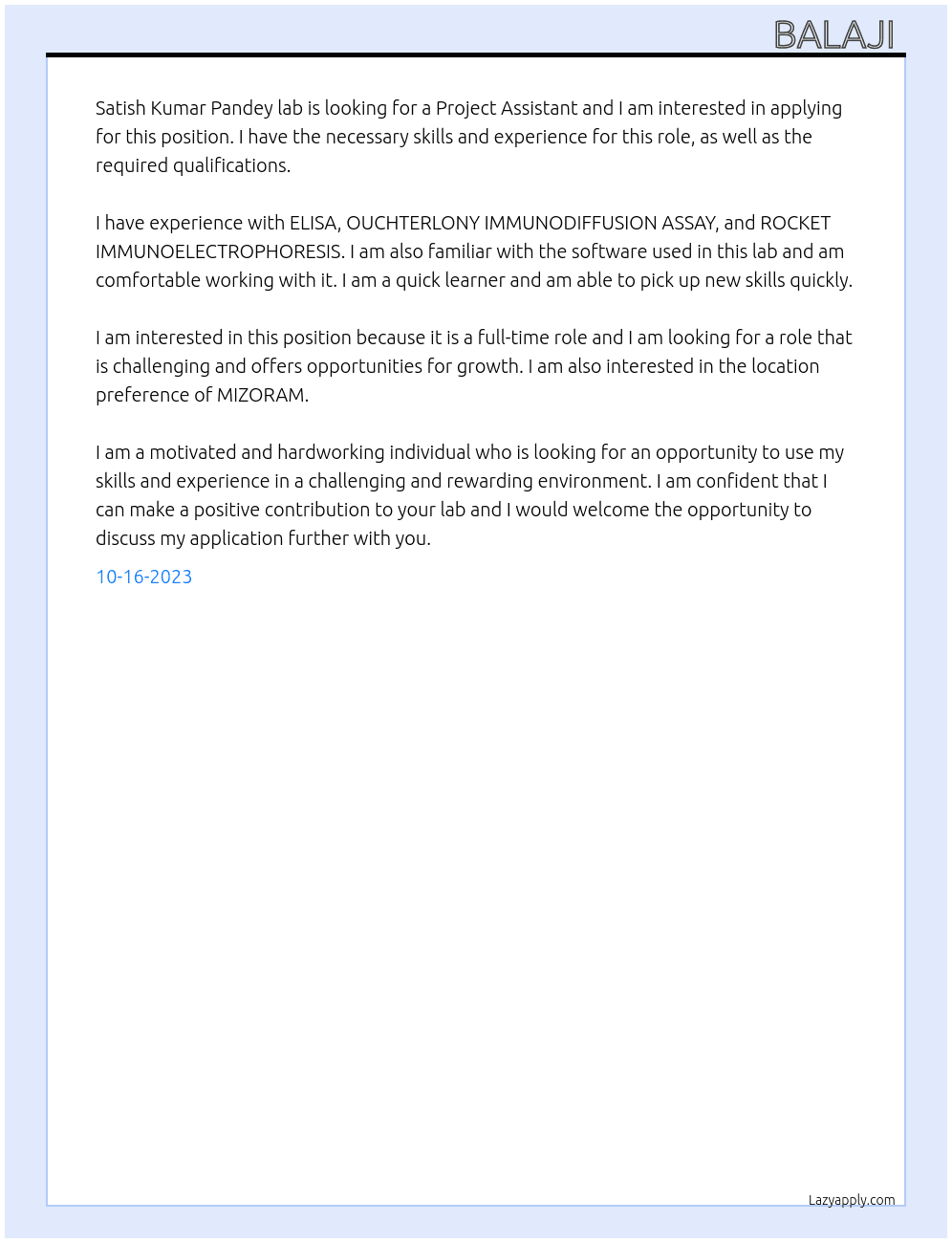  Project Assistant At Satish Kumar Pandey lab Cover Letter