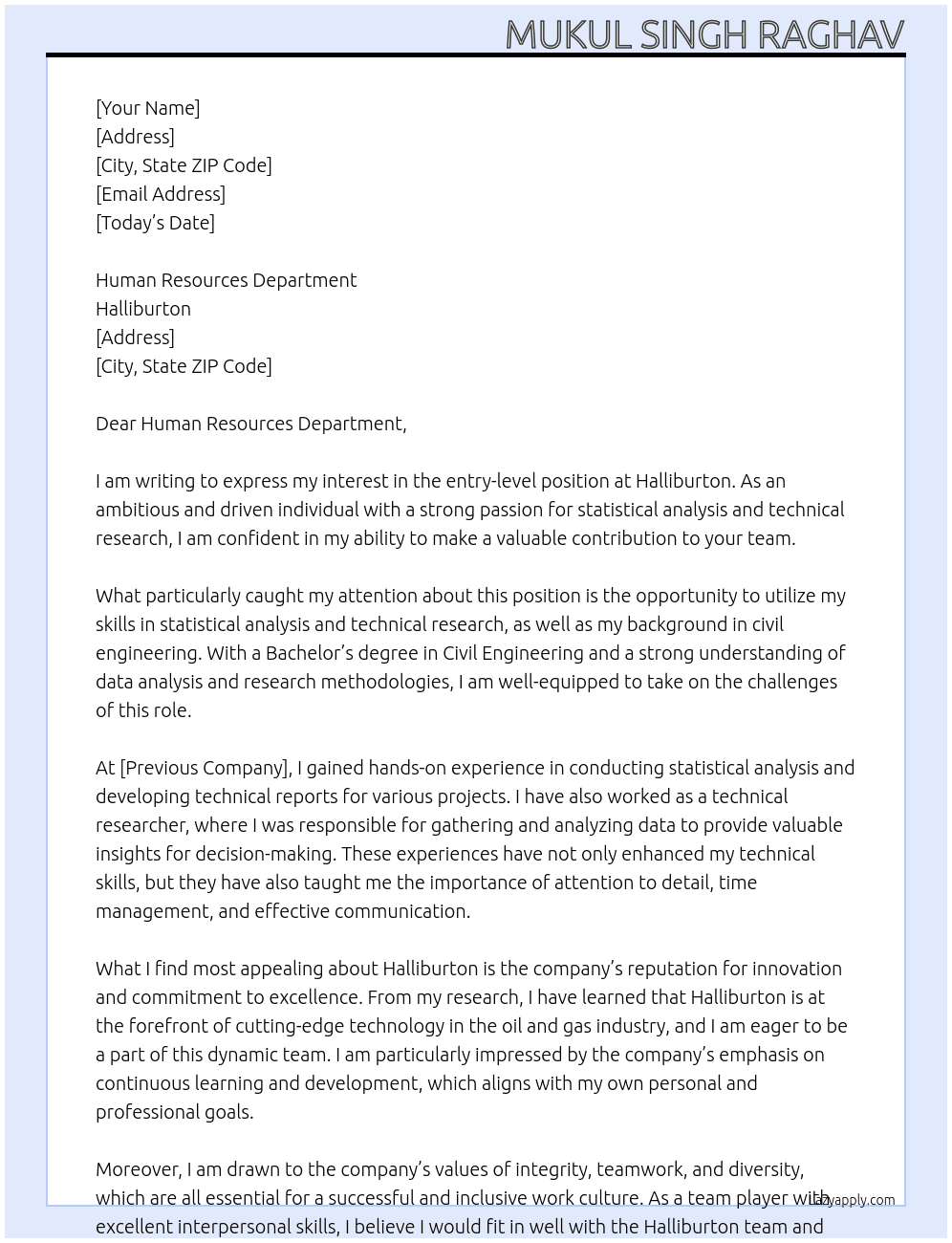 entry level At Halliburton Cover Letter