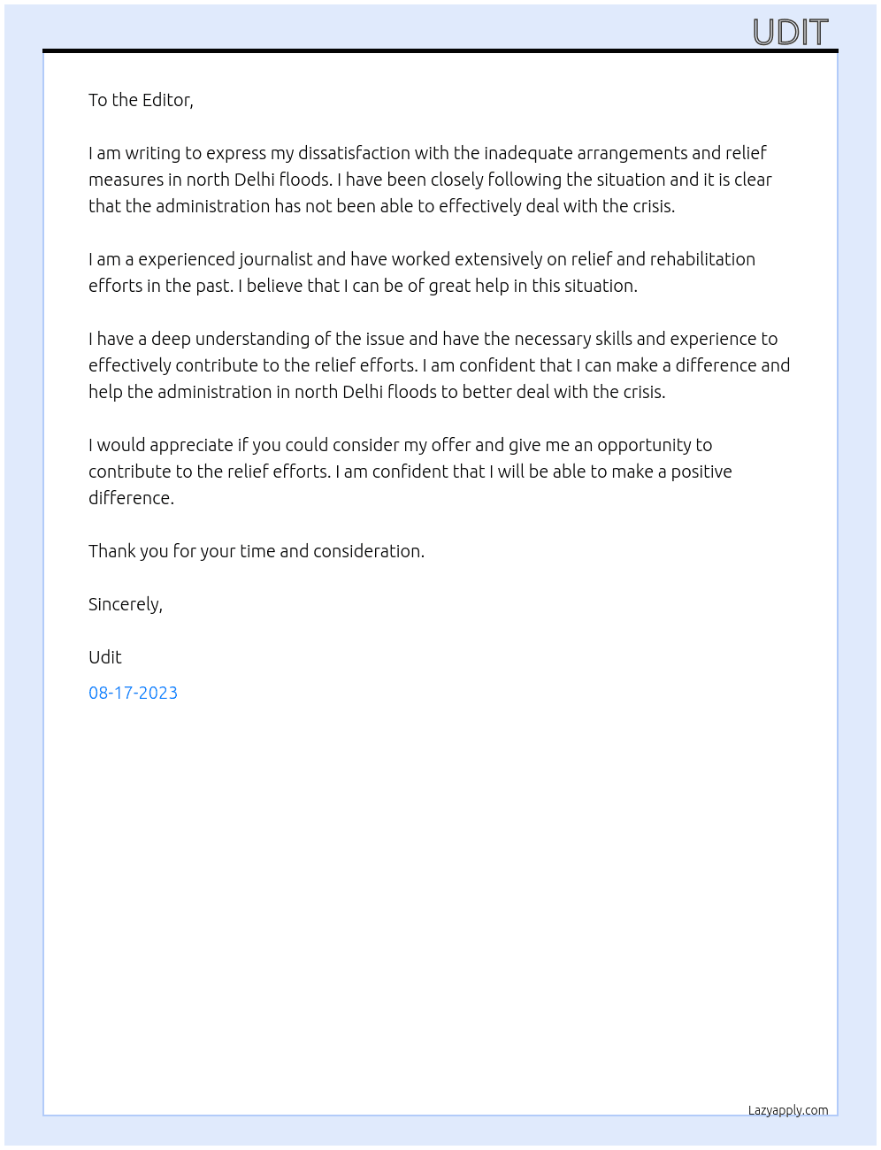 Inadequate arrangements and relief measures in north Delhi floods At C-105 Jonak pari Cover Letter
