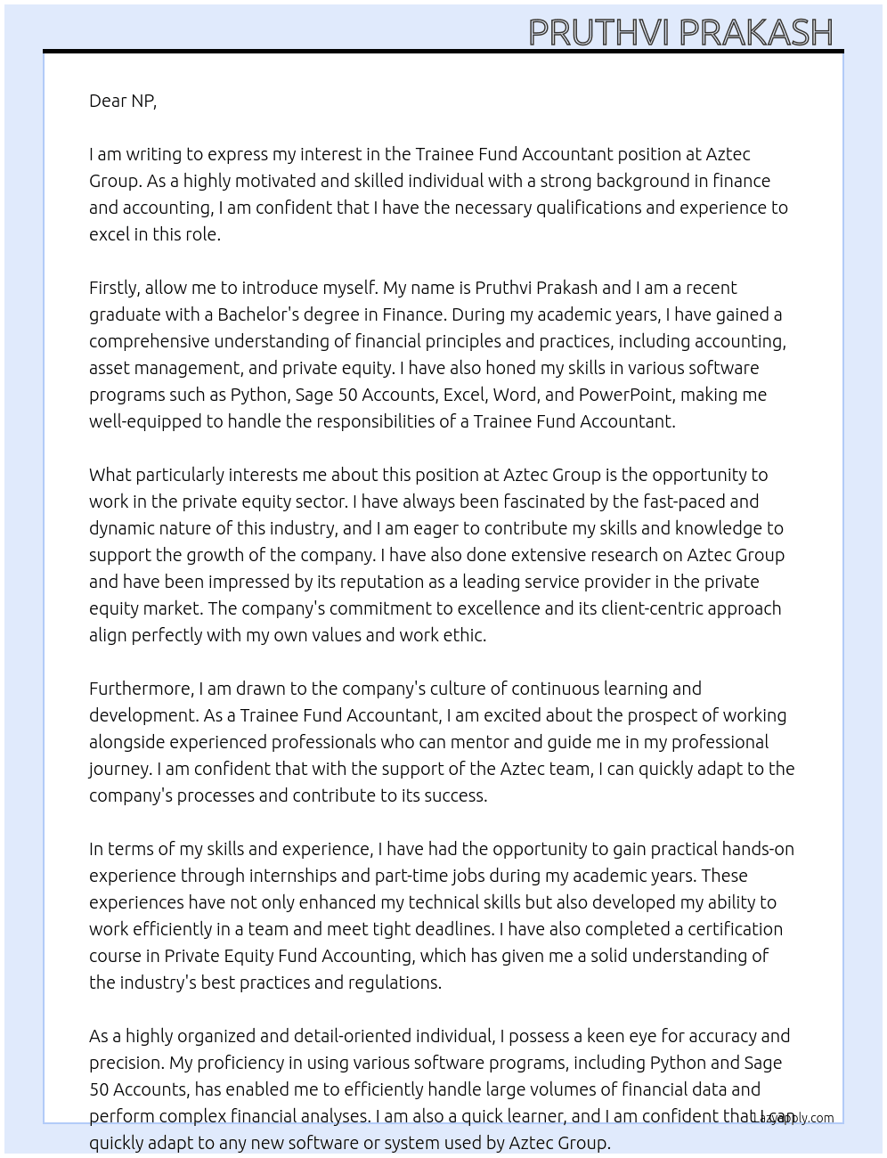 Trainee Fund Accountant - Private Equity At Aztec Group Cover Letter