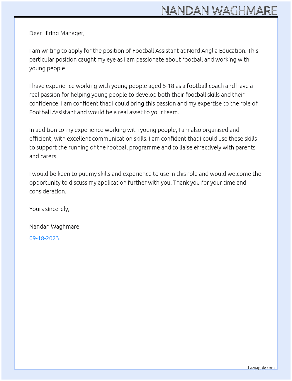  Football Assistant - Extracurricular At Nord Anglia Education Cover Letter