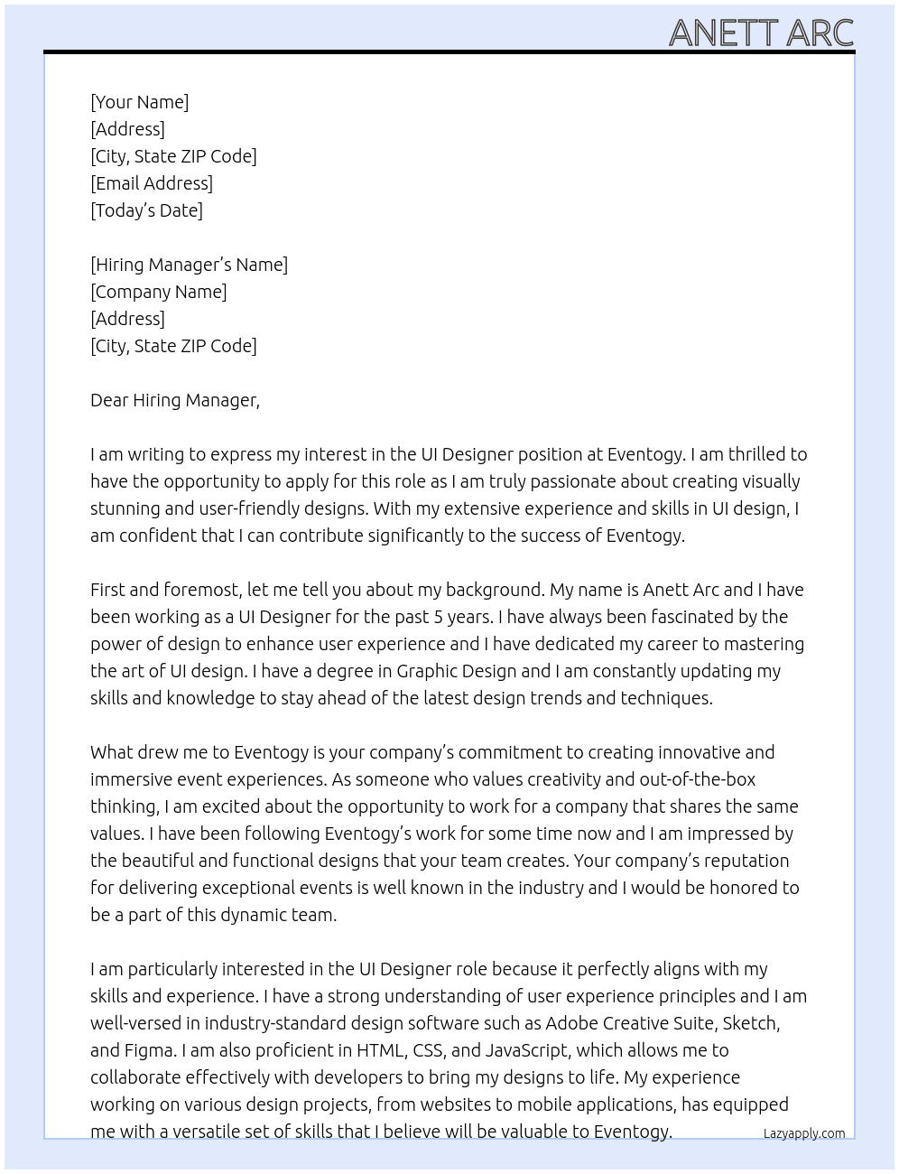 UI Designer At Eventogy Cover Letter