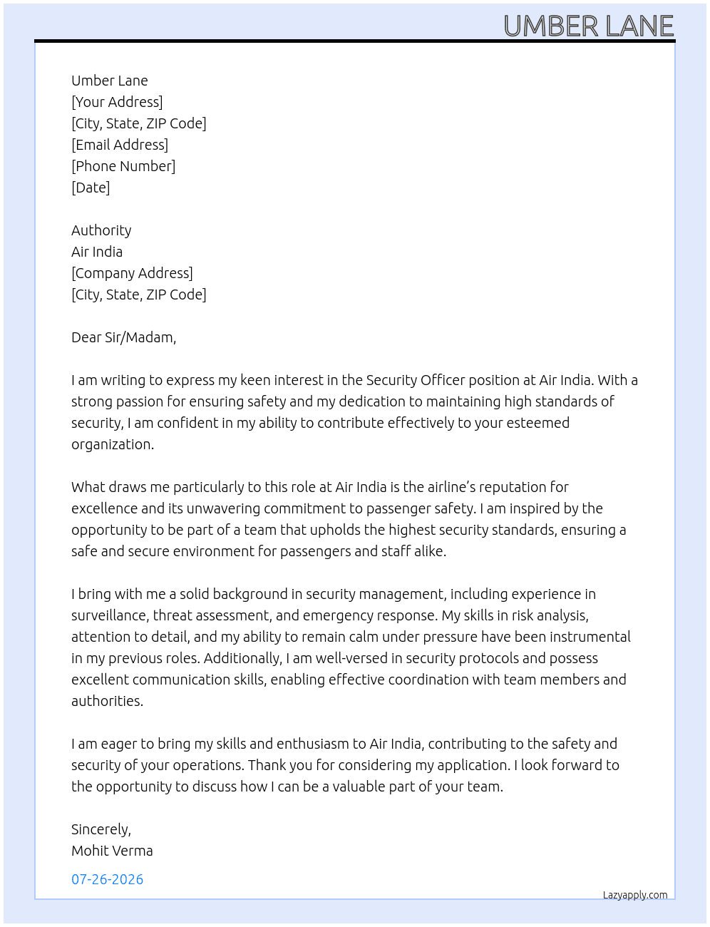 Security officer  At  Air india  Cover Letter