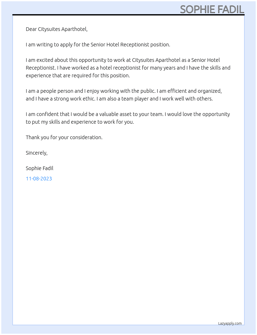 Senior hotel receptionist  At Citysuites Aparthotel  Cover Letter
