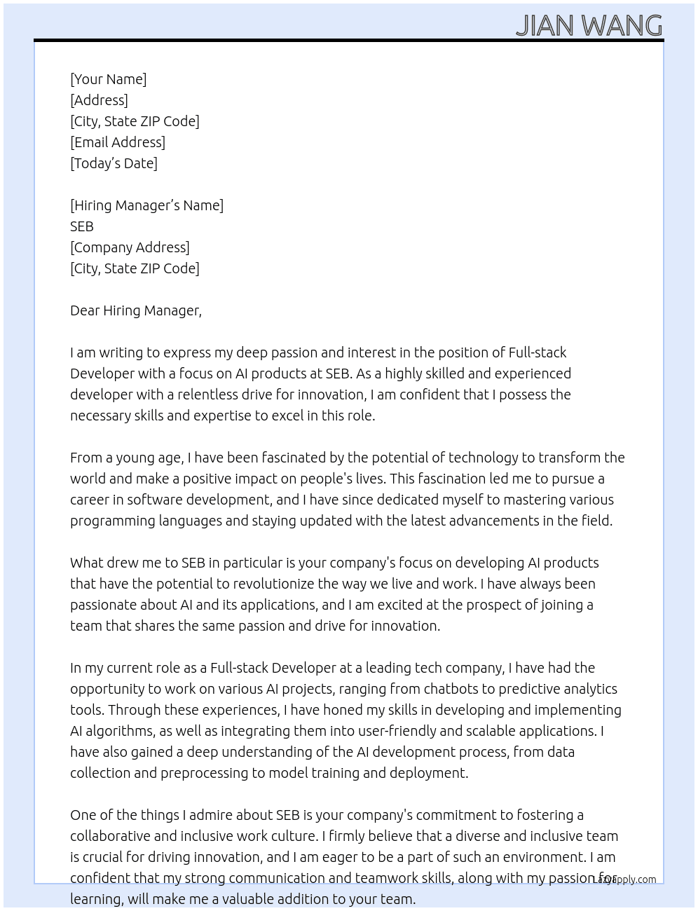 Full-stack developer with a deep interest in AI products At SEB Cover Letter