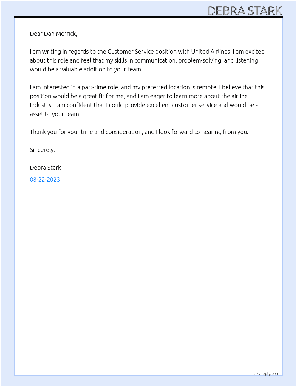 Customer Service At United Airlines Cover Letter