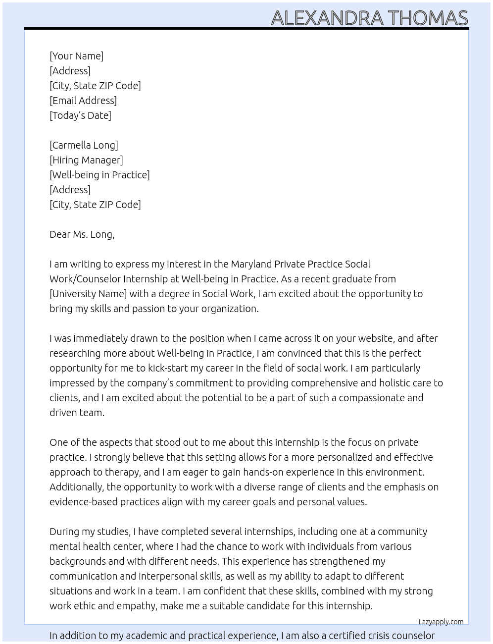 Maryland Private Practice Social Work/ Counselor Internship At Well-being in Practice Cover Letter