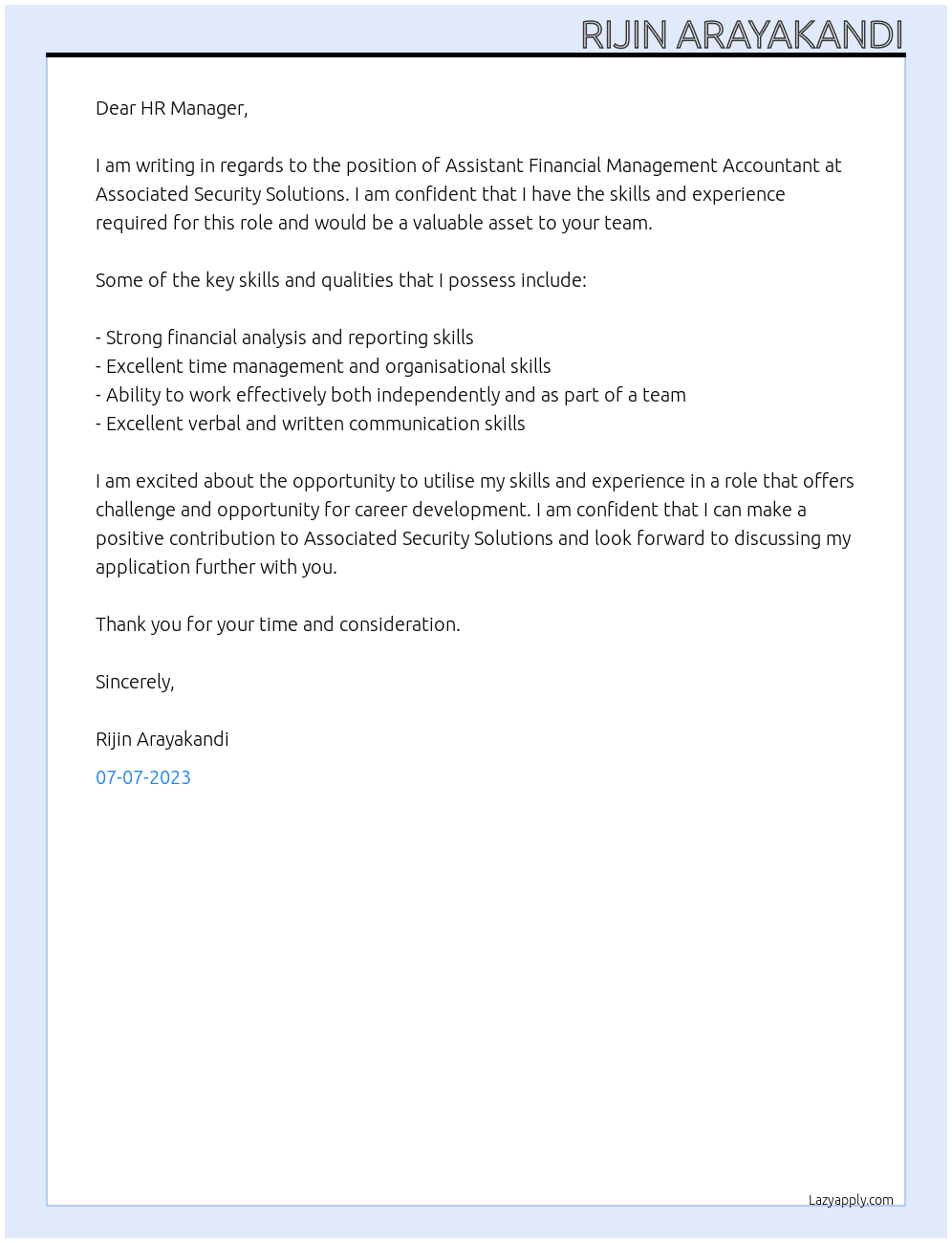 Assistant Financial Management Accountant At Associated Security Solutions Cover Letter