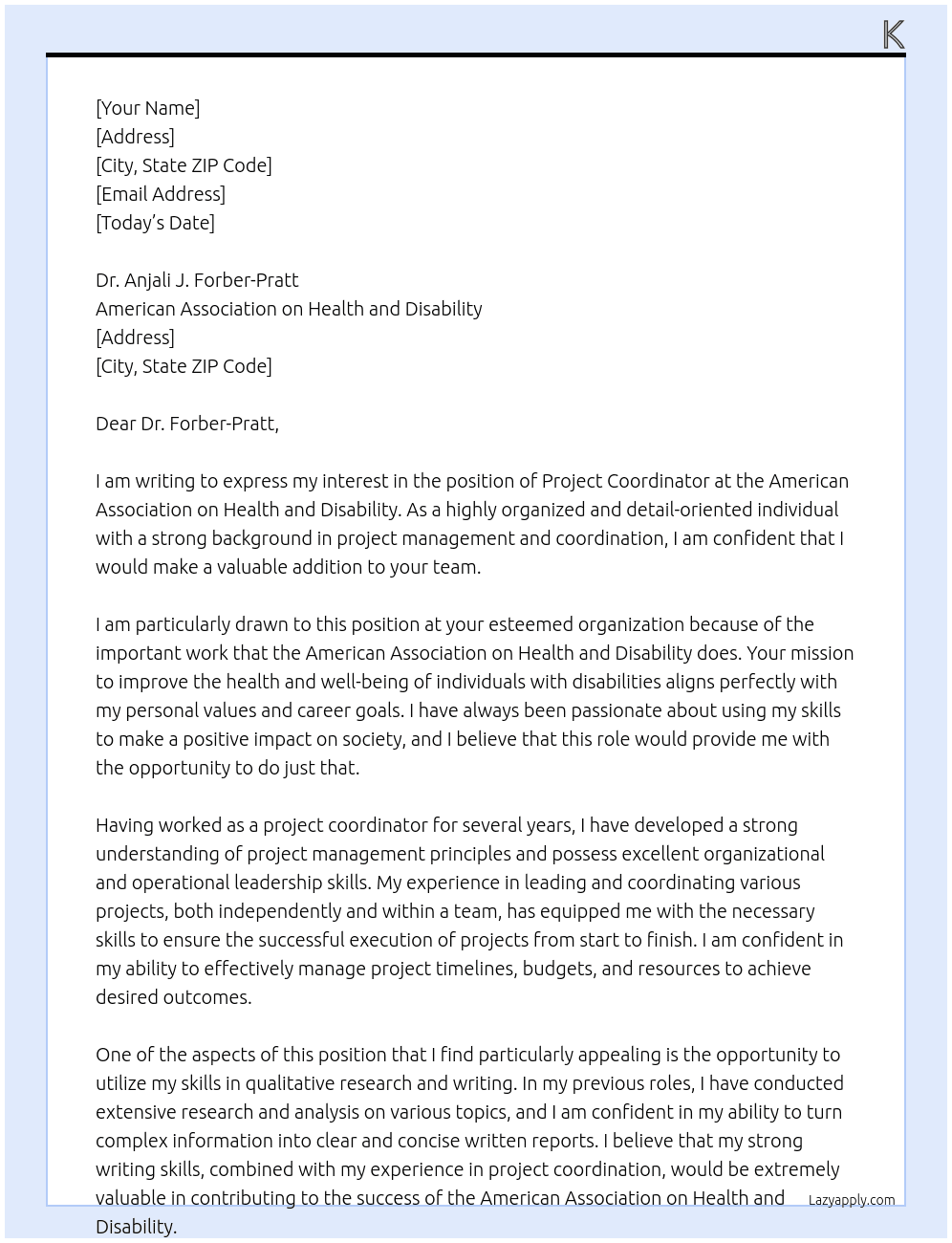 Project Coordinator  At American Association on Health and Disability Cover Letter