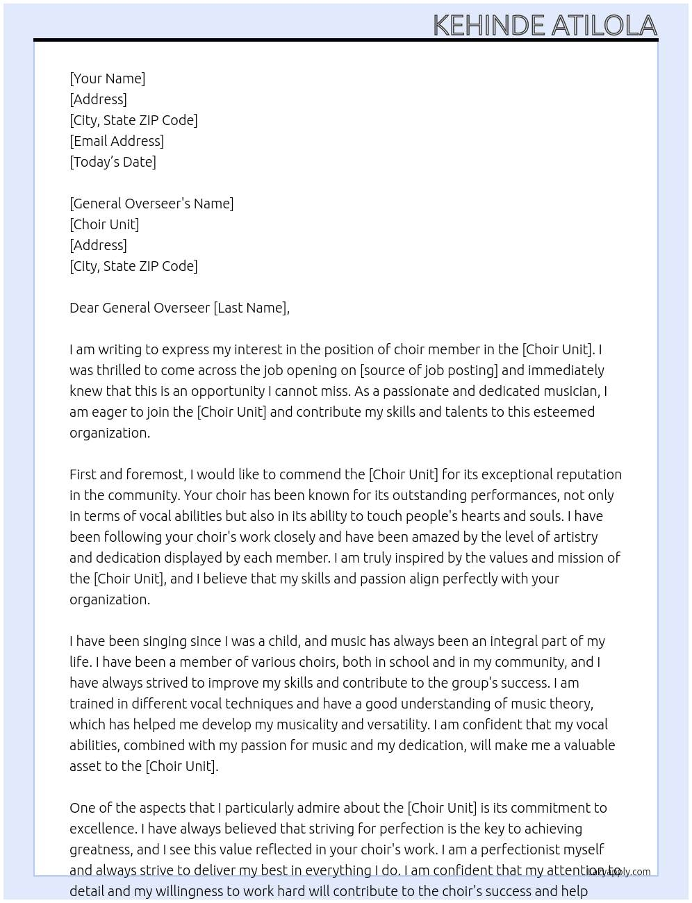 choir member At choir unit Cover Letter