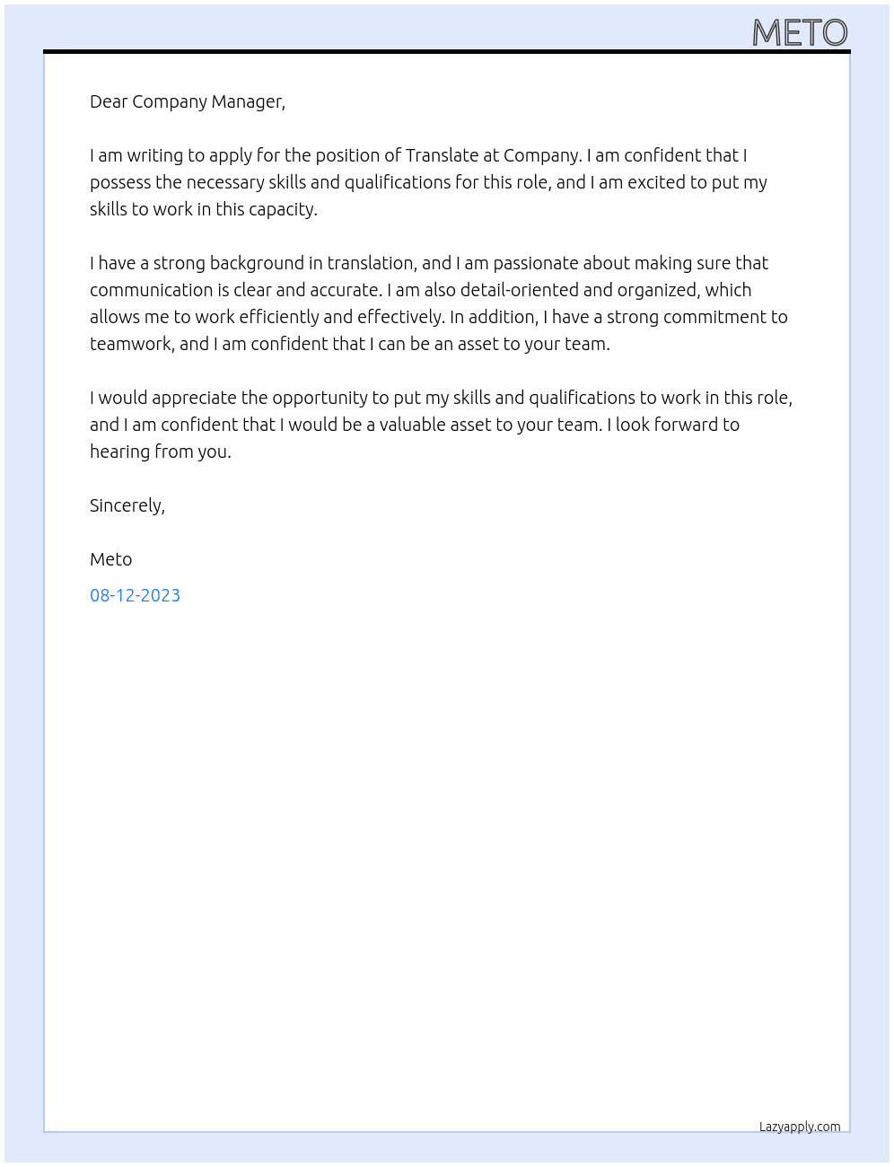 Translate At Company Cover Letter