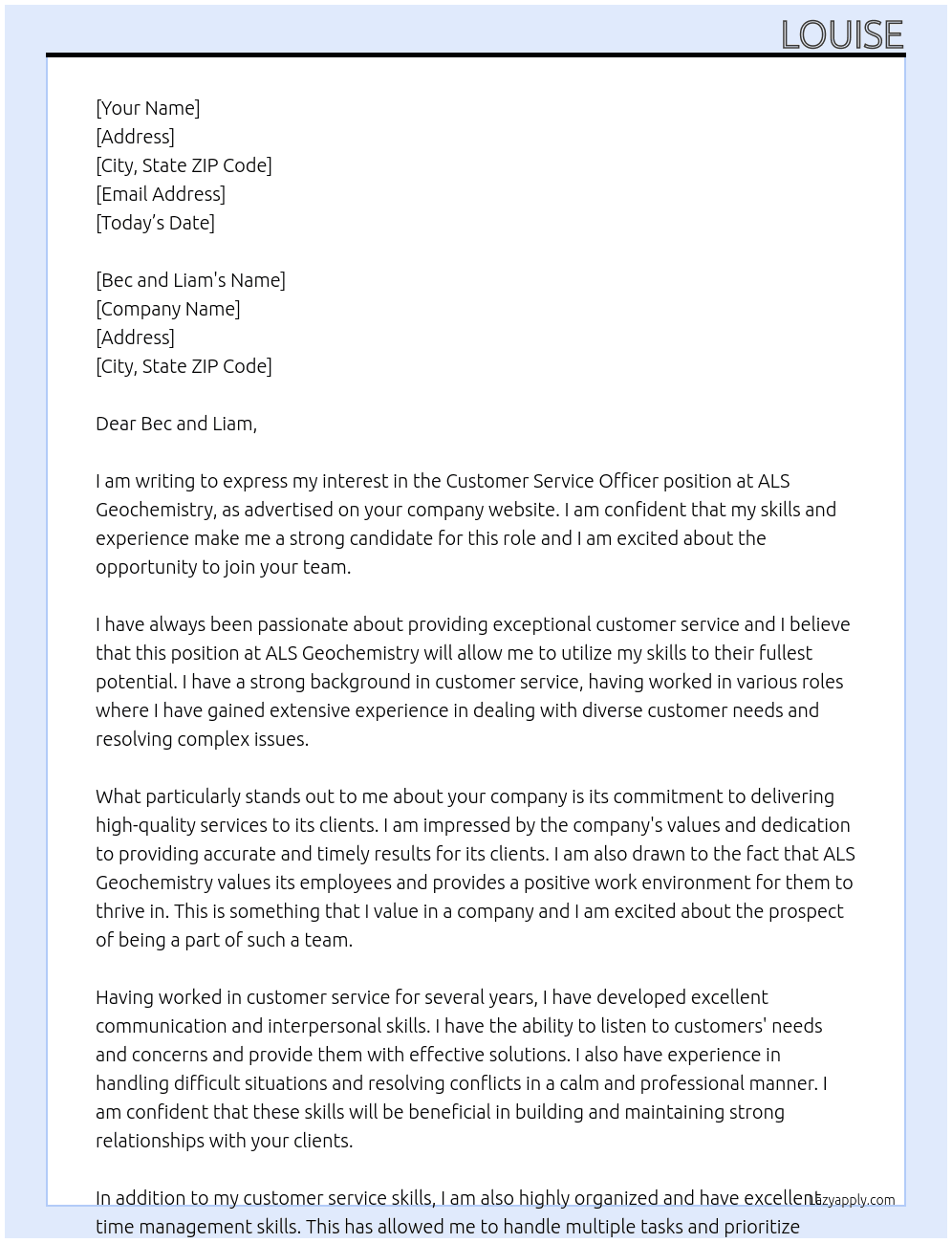 customer sevice officer At ALS Geochemistry Cover Letter