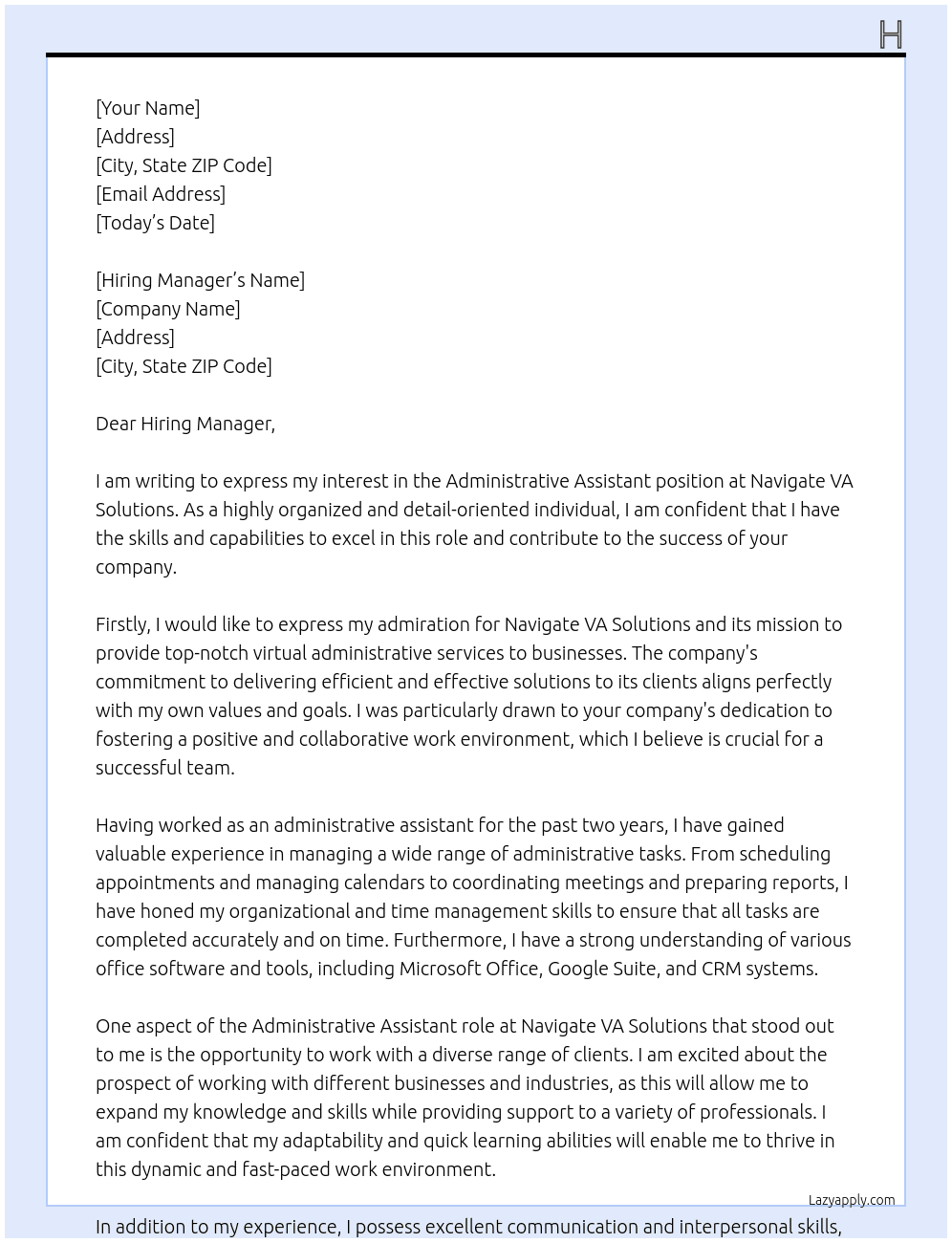 Administrative Assistant At Navigate VA Solutions Cover Letter