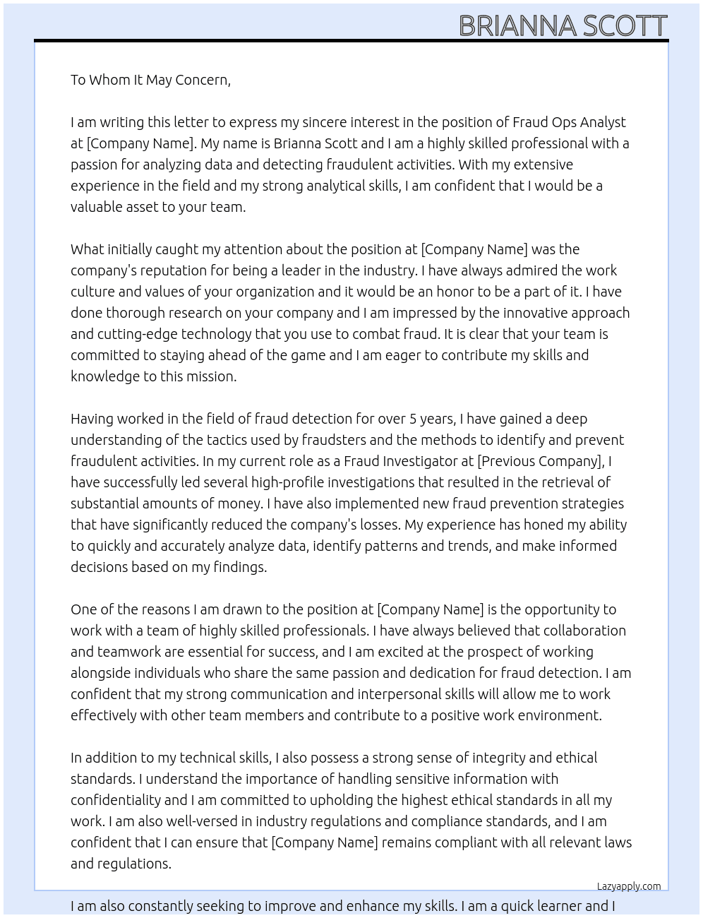 Cover letter for fraud ops analyst - LazyApply