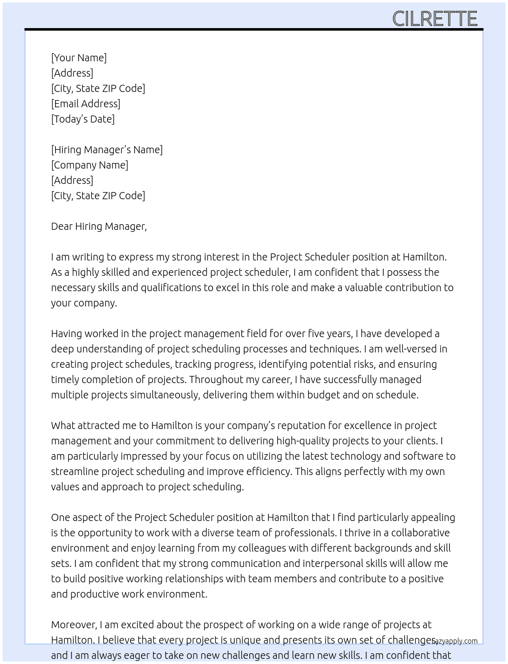 Project scheduler  At Hamilton  Cover Letter