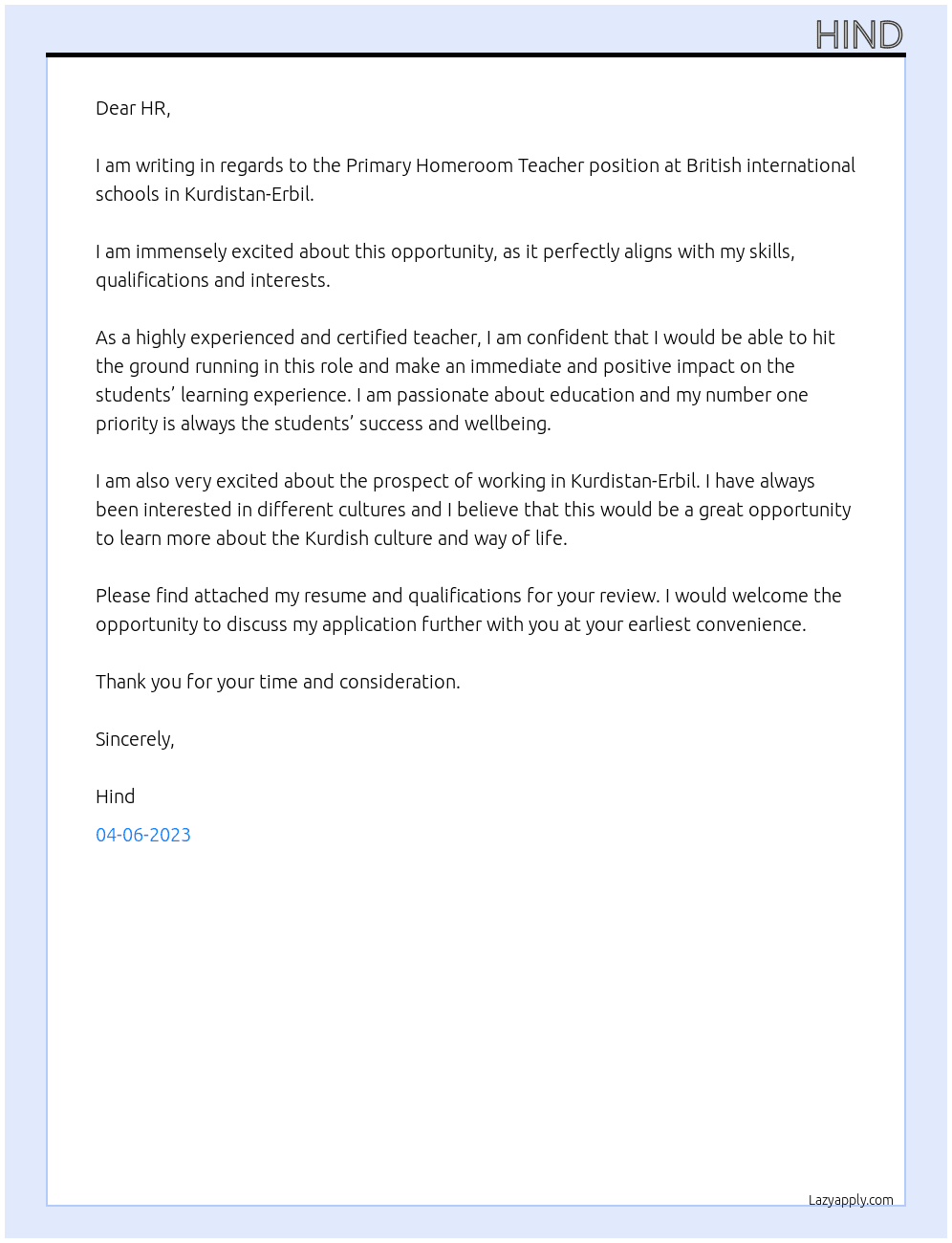Primary Homeroom Teacher At British international schools in Kurdistan-Erbil  Cover Letter