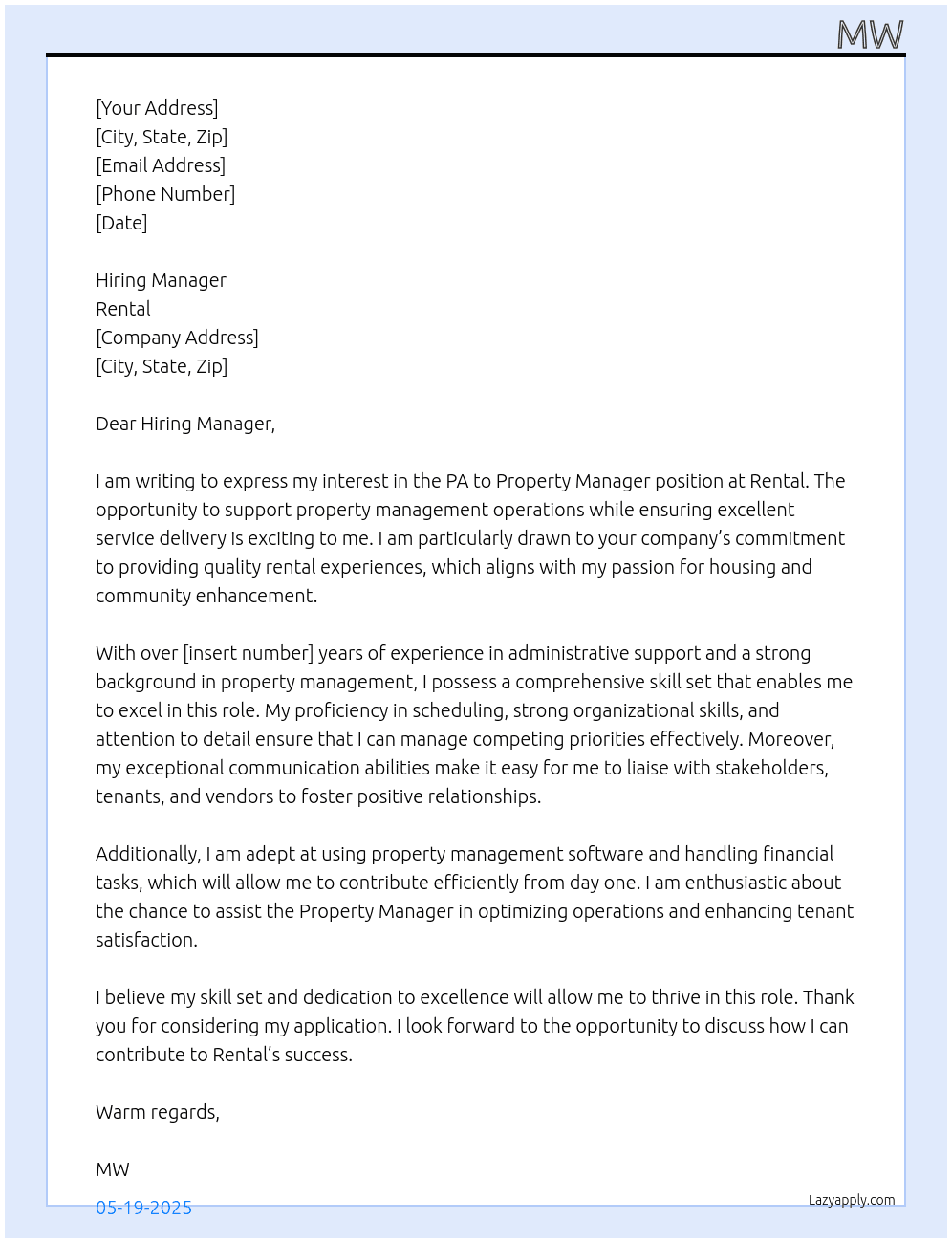 PA to Property Manager At Rental Cover Letter