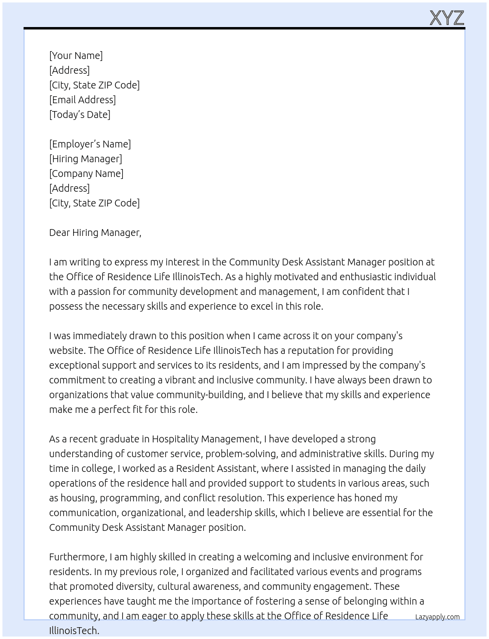 Community Desk Assistant Manager At Office of Residence Life IllinoisTech Cover Letter