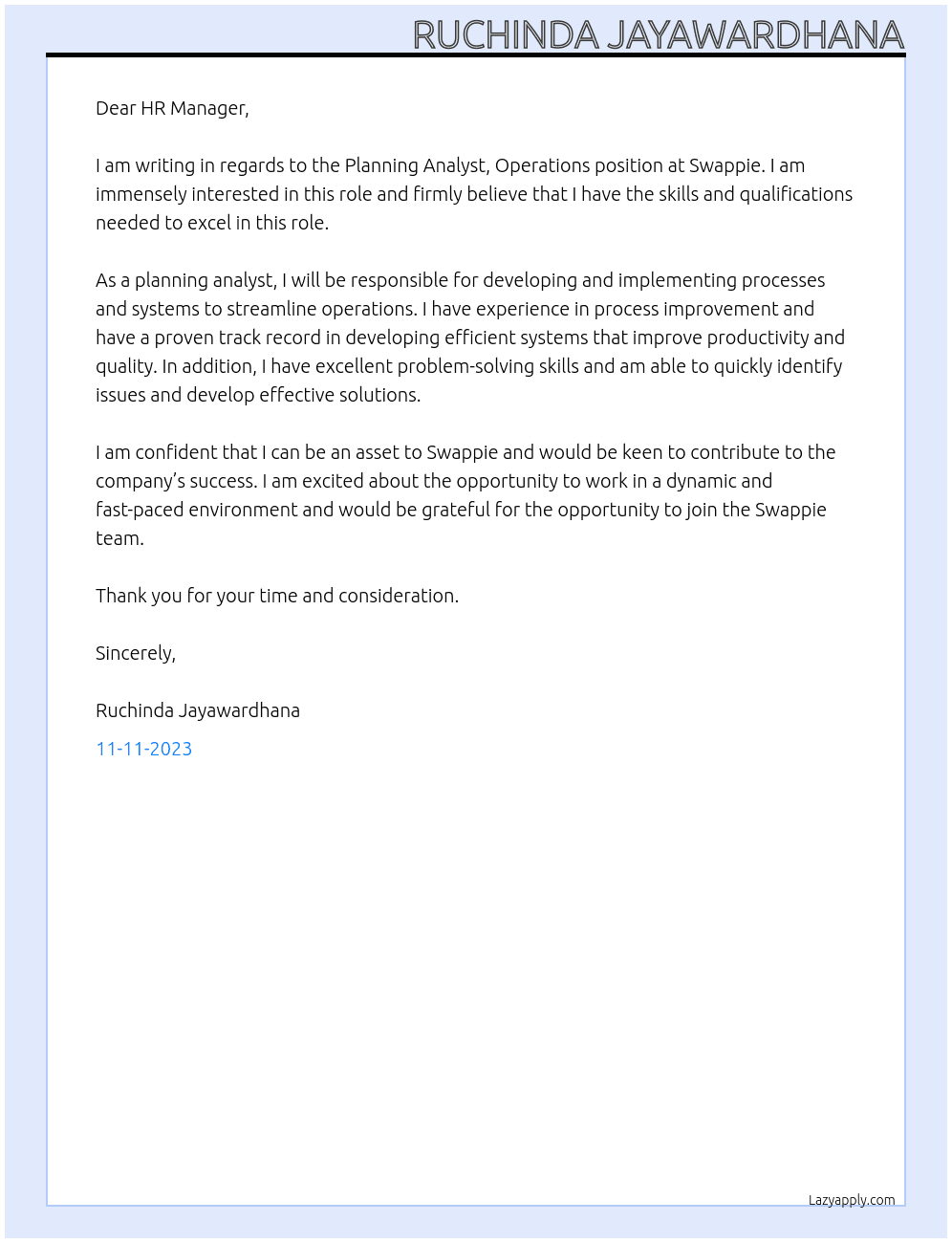Planning Analyst, Operations At Swappie Cover Letter