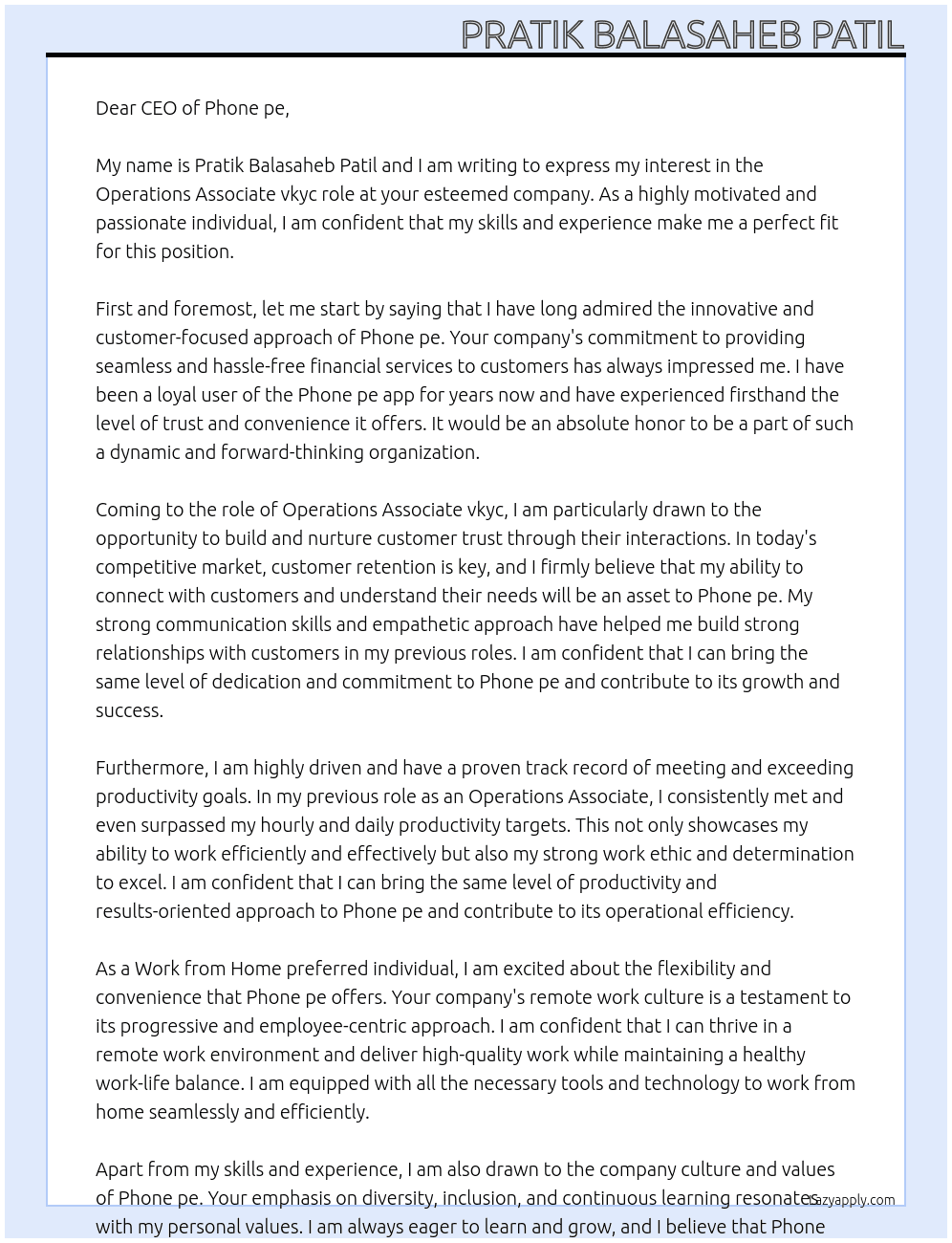 Operations Associate vkyc  At Phone pe Cover Letter