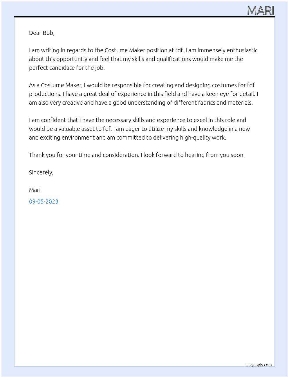 costume maker At fdf Cover Letter