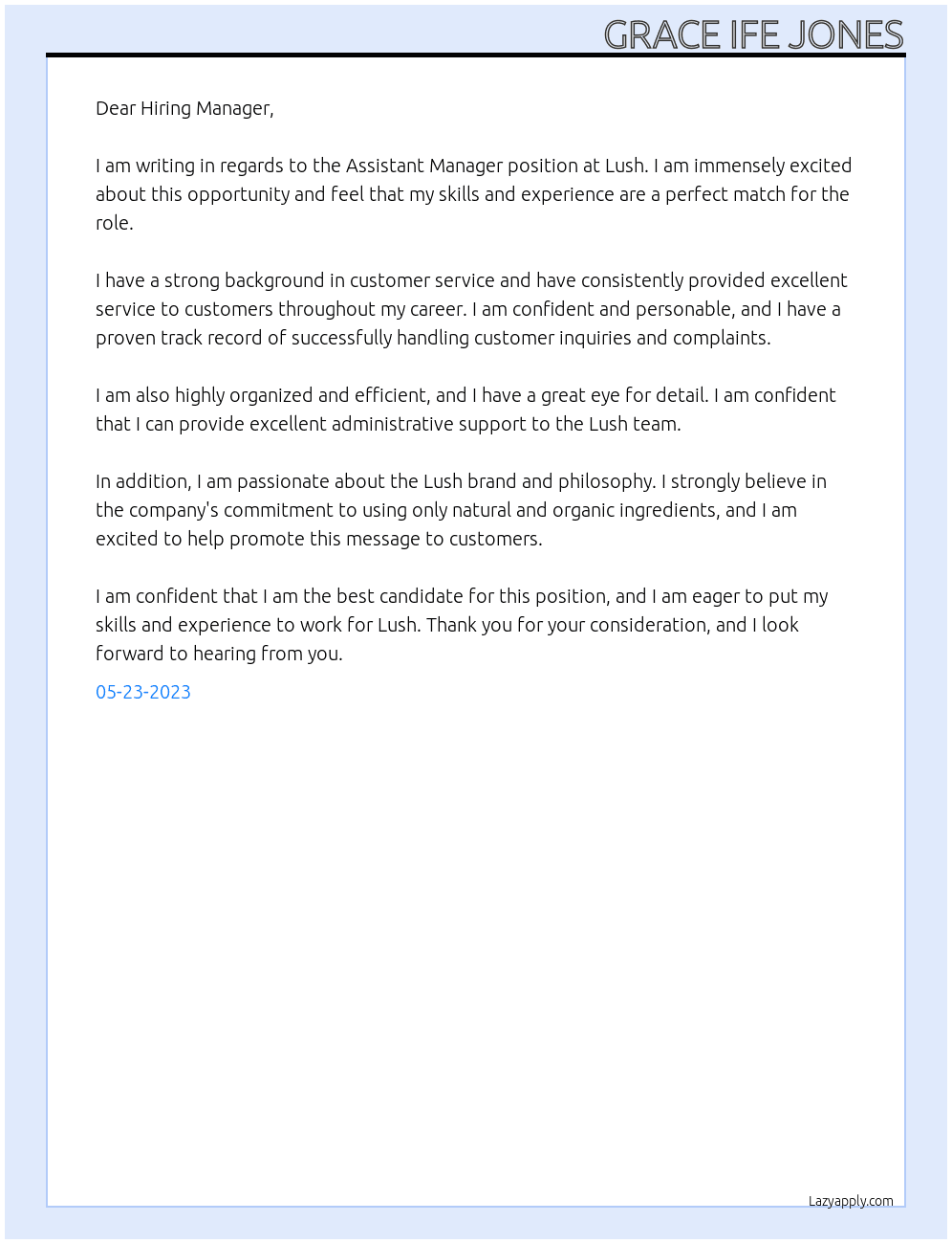 Assitant Manager At Lush Cover Letter