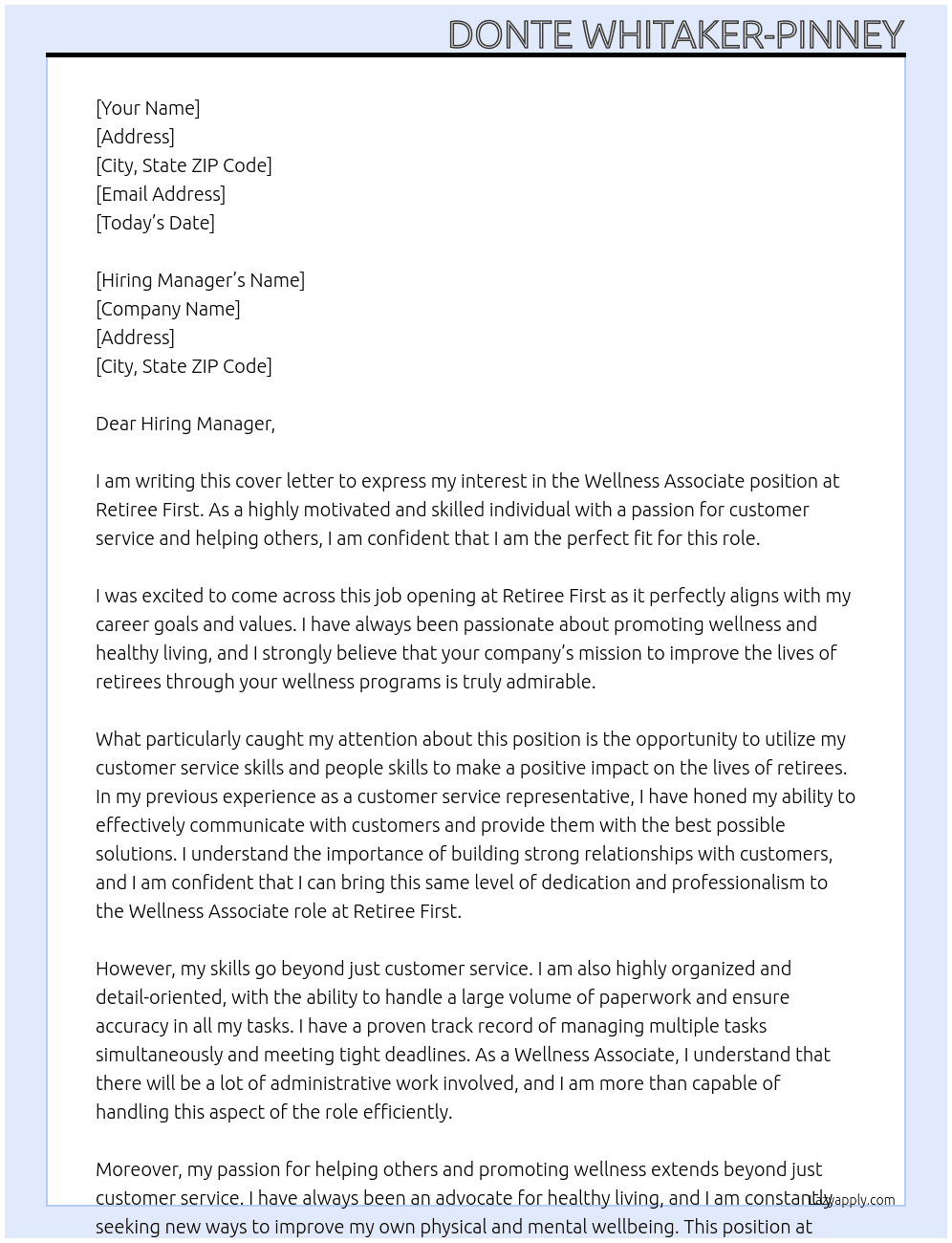 Wellness associate At Retiree first  Cover Letter