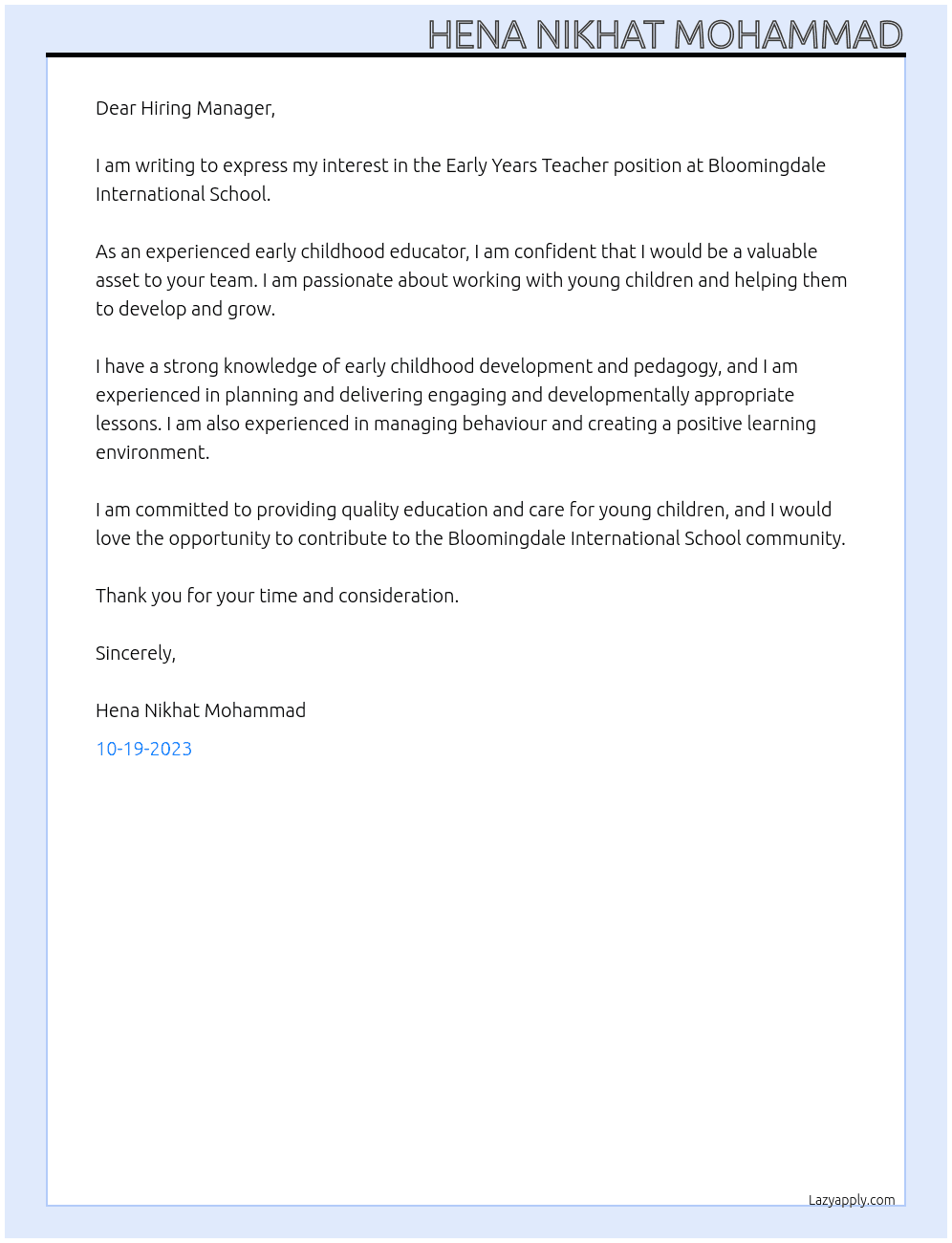 Early Years Teacher At Bloomingdale International School Cover Letter