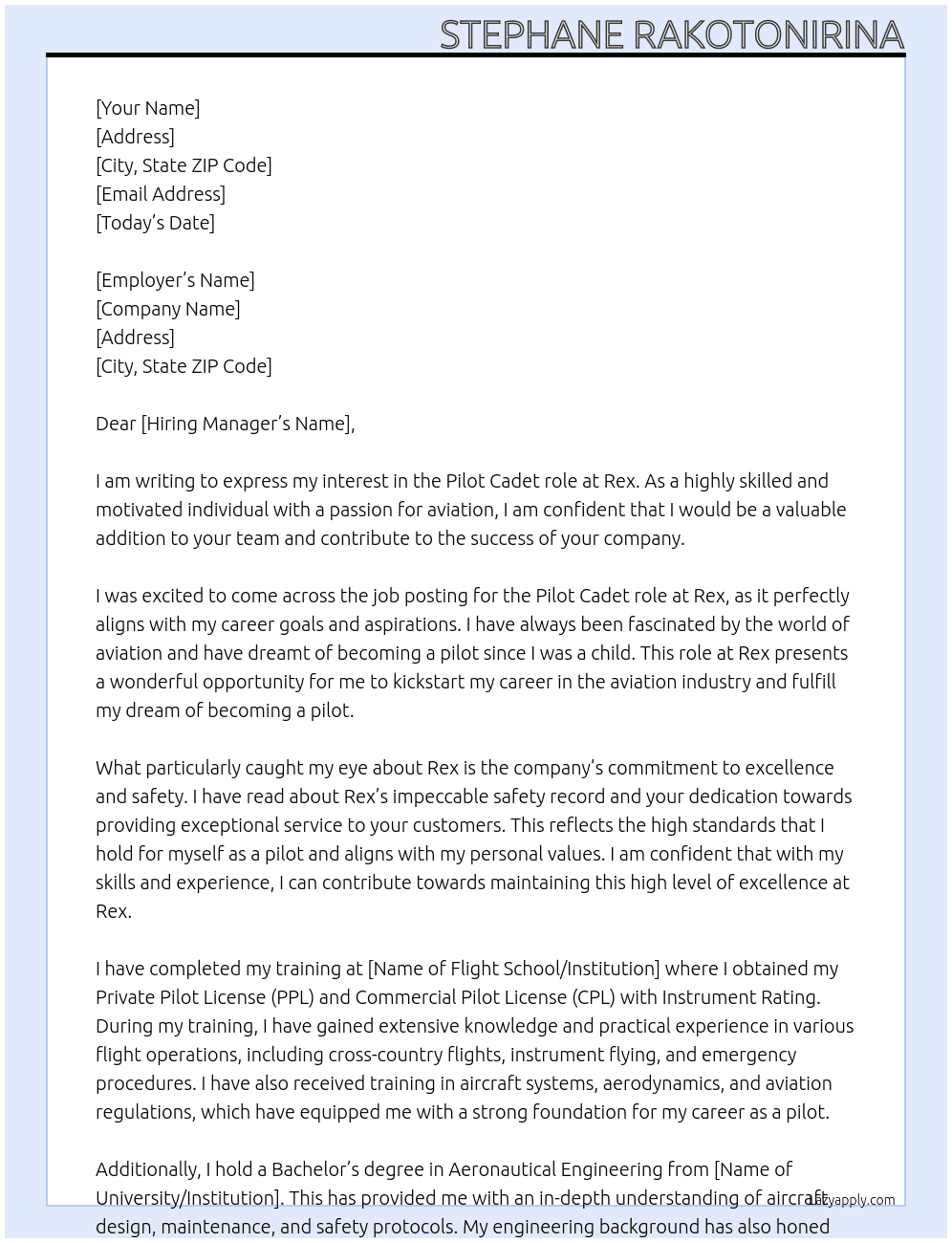 Pilot cadet At Rex Cover Letter