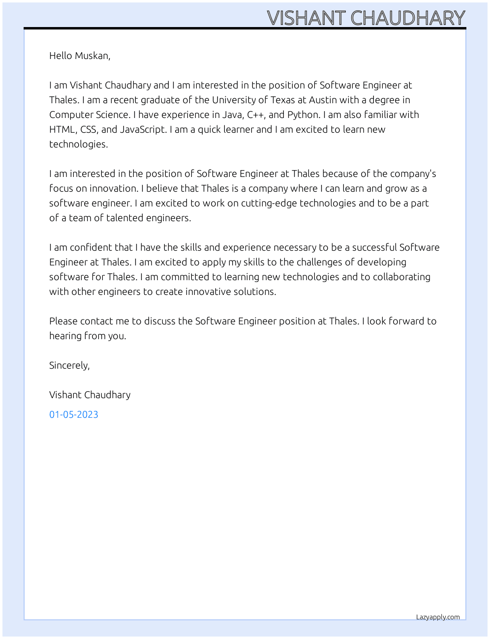 Software Engineer At Thales Cover Letter