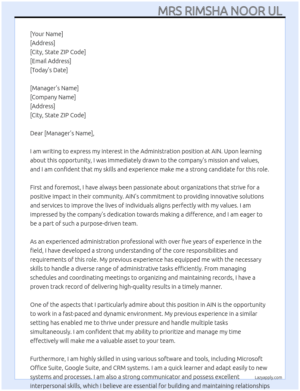 Administration  At AIN  Cover Letter