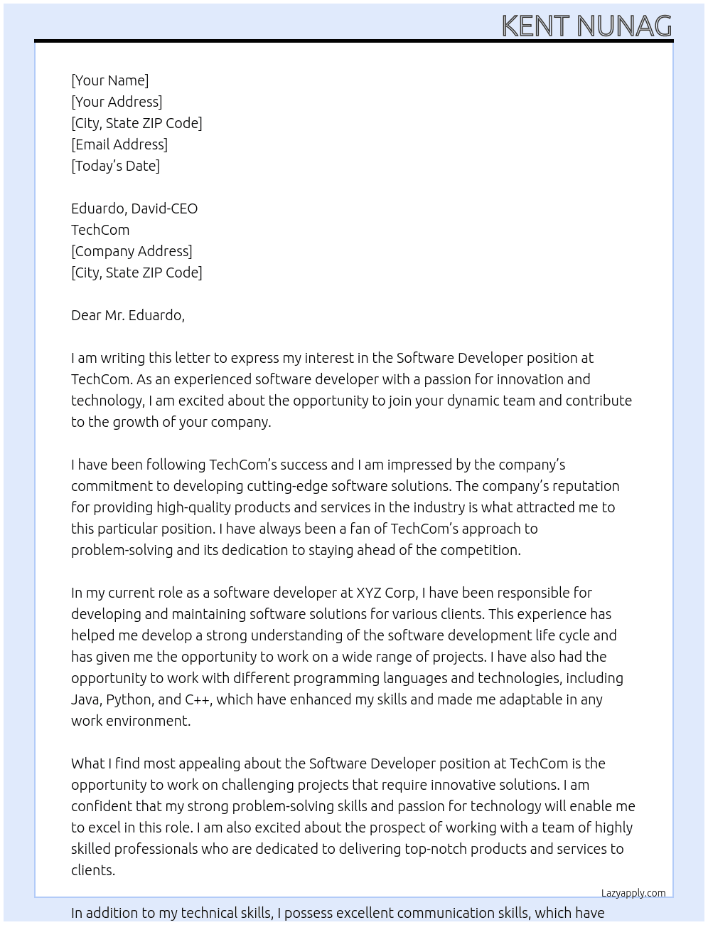 Software developware At TechCom Cover Letter