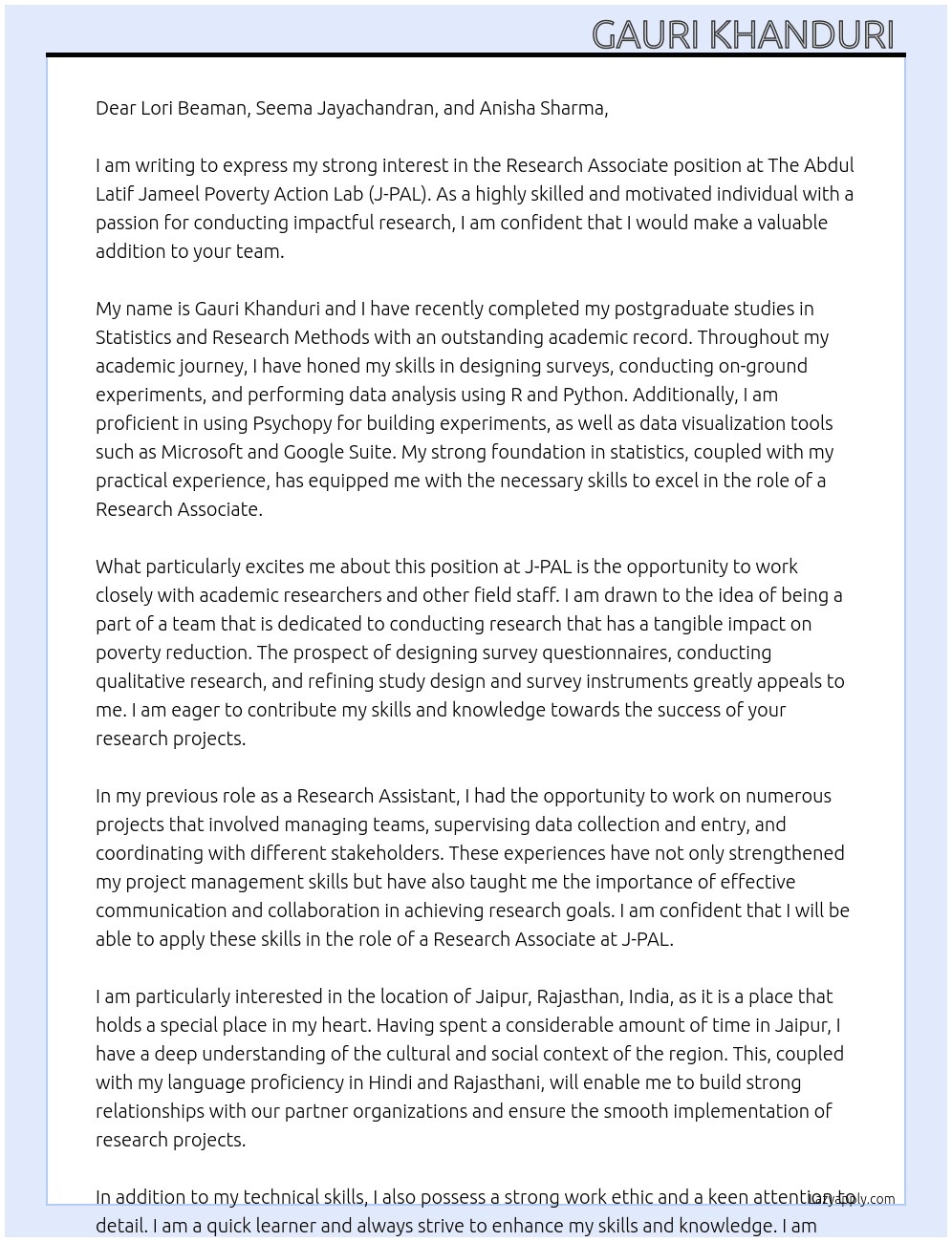 Research Associate At The Abdul Latif Jameel Poverty Action Lab (J-PAL) Cover Letter
