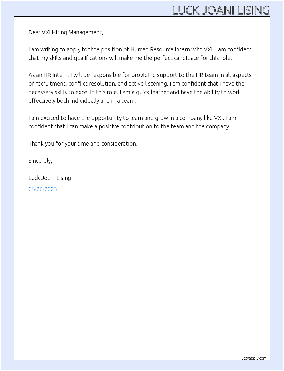 Human Resource Intern At VXI Cover Letter
