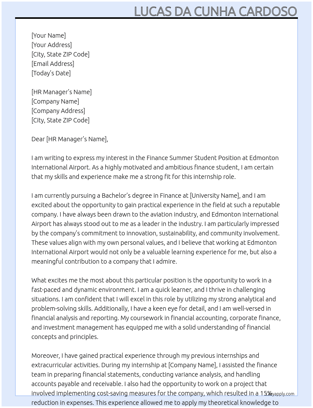 Finance Summer Student Position At Edmonton International Airport Cover Letter