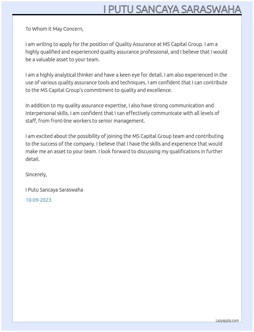 Quality Assurance  At MS Capital Group Cover Letter