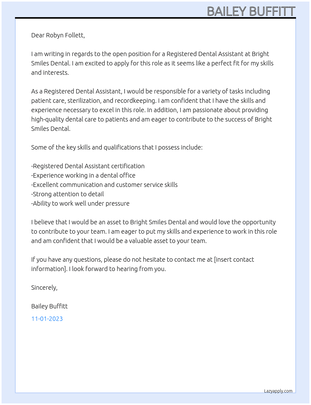 Registered Dental Assistant At Bright Smiles Dental Cover Letter